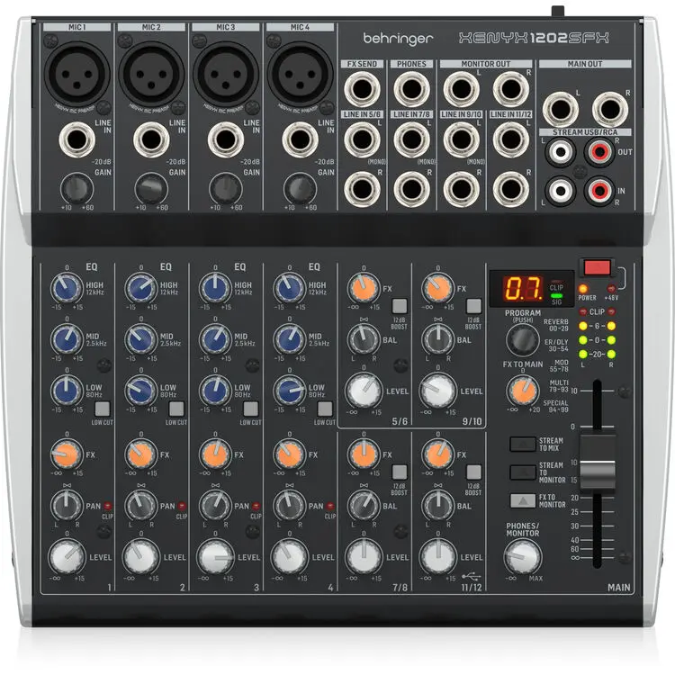 Behringer XENYX 1202SFX Premium Analog 12-Input Mixer with Klark Teknik FX and USB Streaming