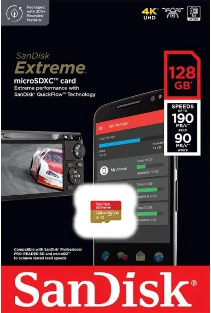 SanDisk Extreme microSD UHS I Card 128GB for 4K Video on Smartphones,Action Cams 190MB/s Read,90MB/s