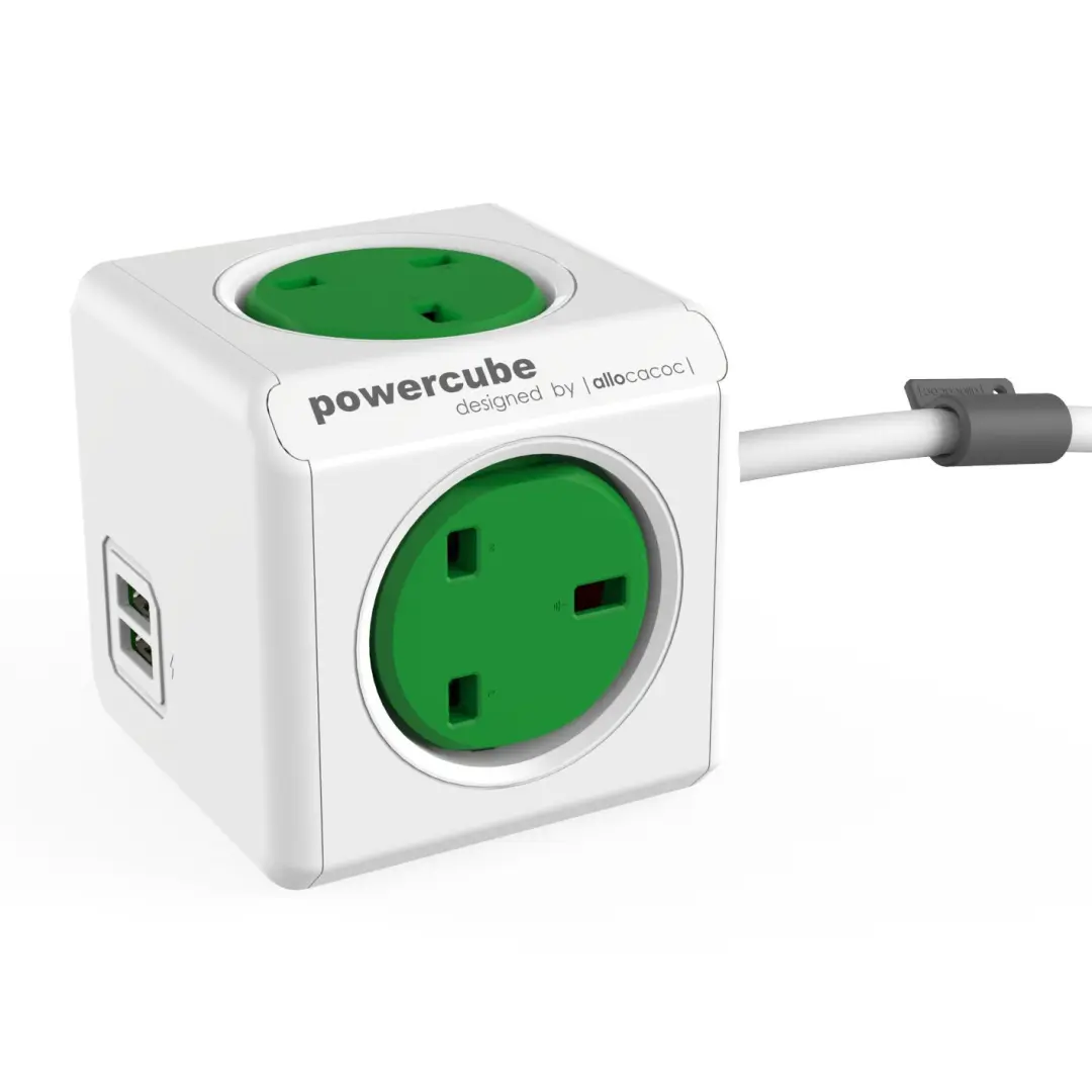 GREEN  POWERCUBE EXTENSION 2 USB + 4WAY 1.5M -